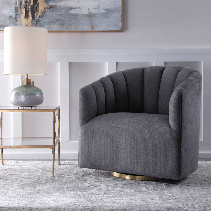 Dark gray Cuthbert modern swivel chair by Uttermost with a sleek, contemporary design and comfortable padded seat.