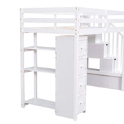 DreamHaus loft bed with built-in storage drawers, stairs with shelves, and a sturdy frame for compact bedroom organization.