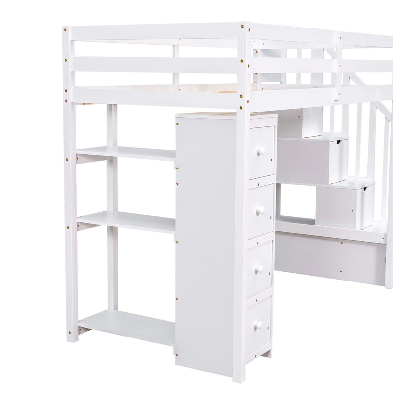 DreamHaus loft bed with built-in storage drawers, stairs with shelves, and a sturdy frame for compact bedroom organization.