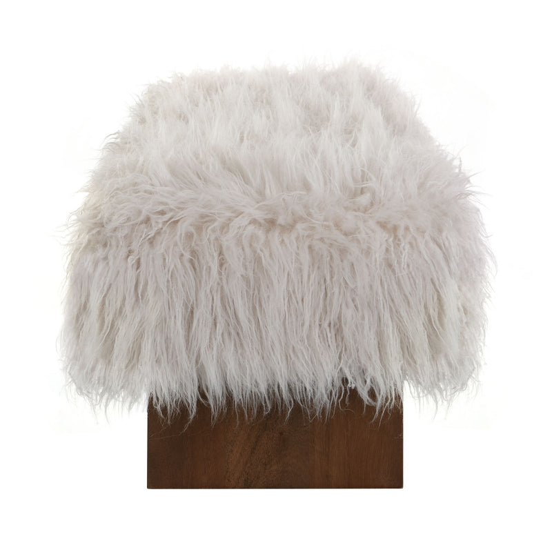 Brown and beige long-haired faux wool upholstered bench by Noble House, showcasing plush, textured fabric and sturdy wooden legs.