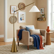 Lisbon - Floor Lamp With On / Off Switch Coned Base Hanging Shade - Antique Brass / White - R&R Furniture Gallery (Fountain Valley, CA)