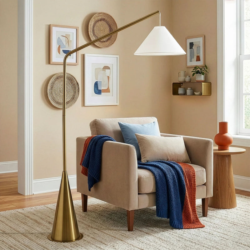Lisbon - Floor Lamp With On / Off Switch Coned Base Hanging Shade - Antique Brass / White - R&R Furniture Gallery (Fountain Valley, CA)