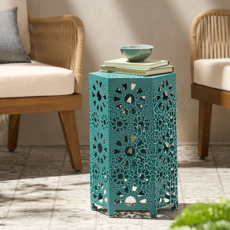 Noble House Eliana side table with a sleek wooden surface and modern metal legs, ideal for living room or bedroom decor.