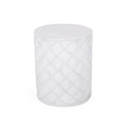 Outdoor antique white end table by Noble House with a round top and curved legs, suitable for patio or garden spaces.