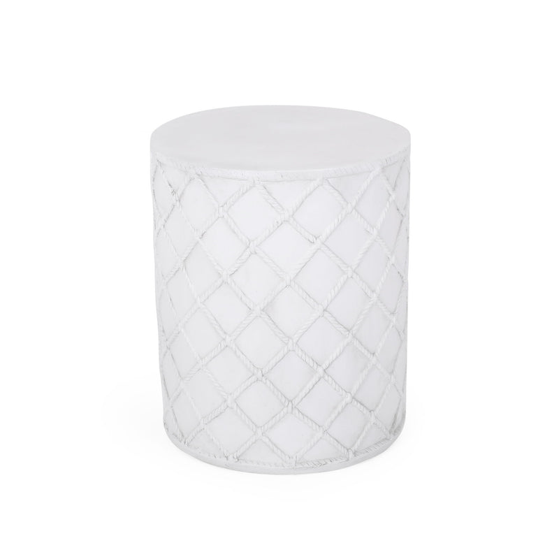 Outdoor antique white end table by Noble House with a round top and curved legs, suitable for patio or garden spaces.