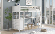 DreamHaus loft bed with built-in drawers, desk, and shelves showcasing a modern bedroom setup with organized storage and workspace.