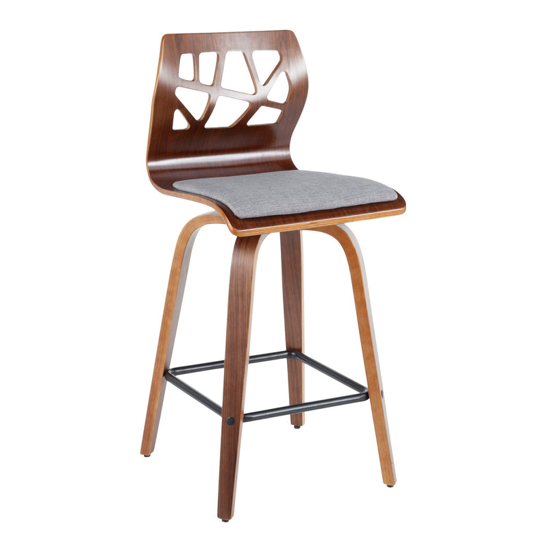 Lumi Source Folia mid-century modern fixed height counter stool set with swivel seats, sleek wood finish, and metal base.