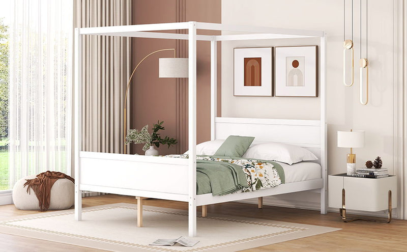 DreamHaus canopy platform bed with headboard, footboard, and slat support legs in a stylish bedroom setting.