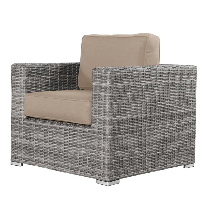 LSI Patio Furniture arm chair with cushions, stylish patio chair for outdoor seating, featuring a modern design and comfortable cushions.