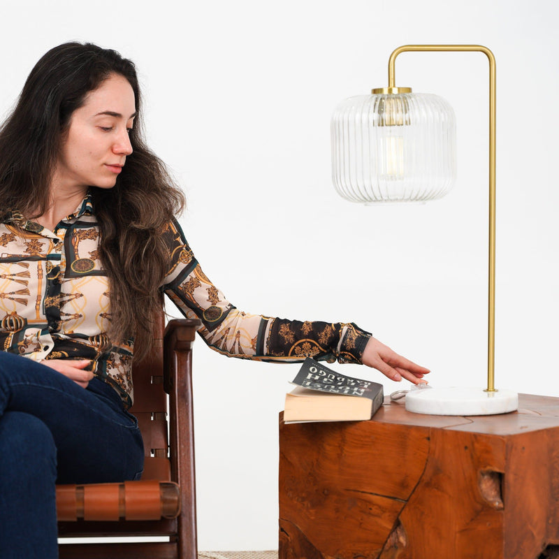 Haven - Clear Table Lamp, Button Control - Gold / White / White Marble - R&R Furniture Gallery (Fountain Valley, CA)