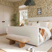 Upholstered Ollie straight bench by TOV Furniture with a sleek, modern design and neutral fabric upholstery.