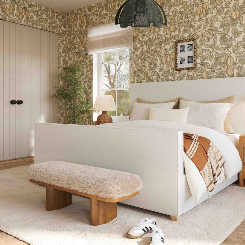 Upholstered Ollie straight bench by TOV Furniture with a sleek, modern design and neutral fabric upholstery.