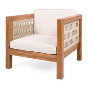 Noble House outdoor club arm chair with rope armrests and plush cushions, perfect for patio or garden relaxation.