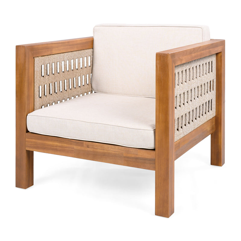 Noble House outdoor club arm chair with rope armrests and plush cushions, perfect for patio or garden relaxation.