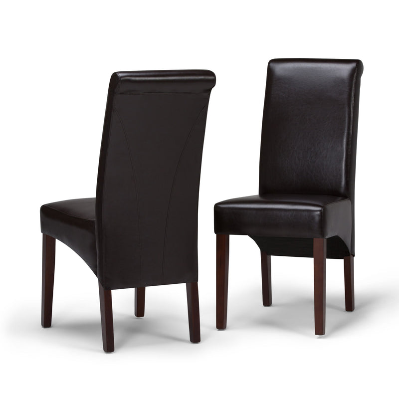 Set of two Avalon Deluxe Parson dining chairs by Simpli-Home with upholstered seats and wooden frames.