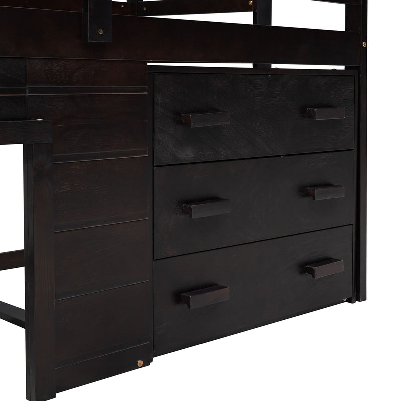 DreamHaus loft bed with integrated cabinet and shelf, showcasing a sturdy wooden frame and functional storage space