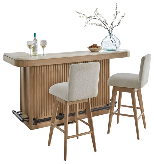 Escape - Dining Bar With 2 Upholstered Swivel Barstools - Glazed Natural Oak / Black Metal Trim - R&R Furniture Gallery (Fountain Valley, CA)