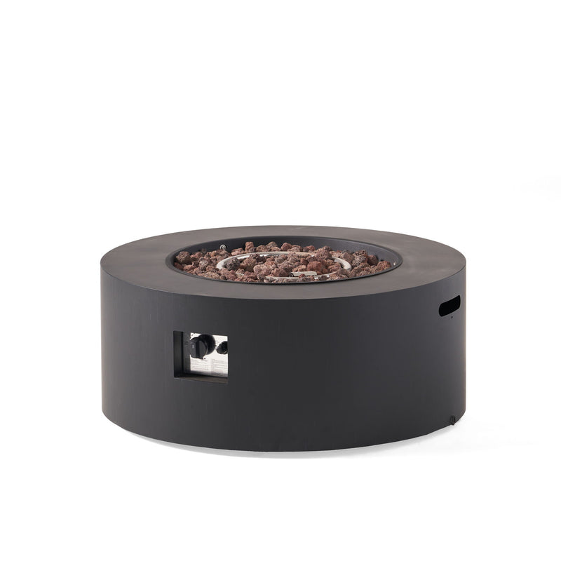 Round Noble House iron fire pit with 40,000 Btu, featuring a durable metal design for outdoor warmth and ambiance.