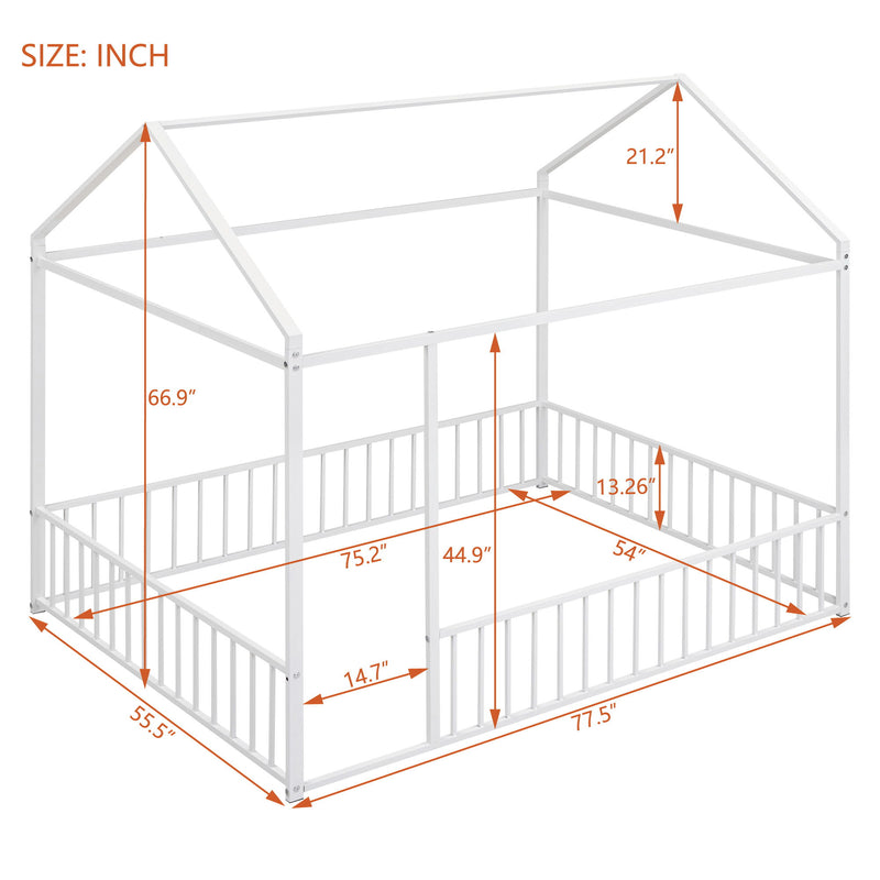 Halcyon Home metal house bed frame with canopy and fence, featuring a sturdy metal construction and a cozy, enclosed design.