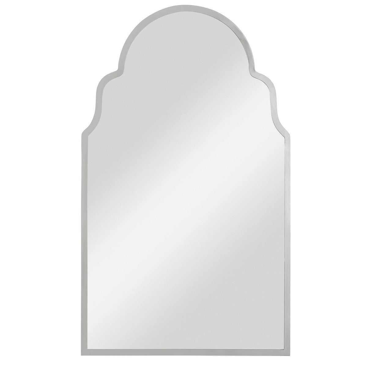 Uttermost Brayden Arch Mirror in nickel finish, wall-mounted with a sleek, curved design reflecting modern elegance.