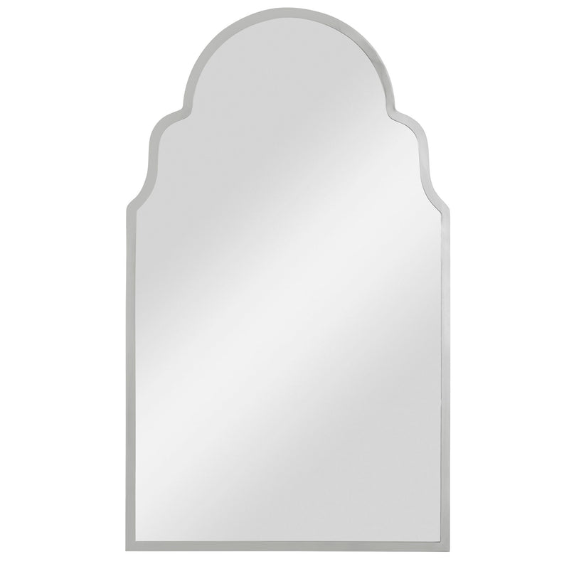 Uttermost Brayden Arch Mirror in nickel finish, wall-mounted with a sleek, curved design reflecting modern elegance.