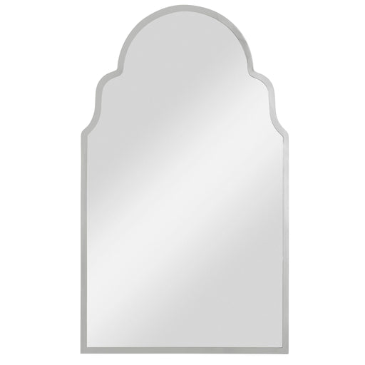 Uttermost Brayden Arch Mirror in nickel finish, wall-mounted with a sleek, curved design reflecting modern elegance.