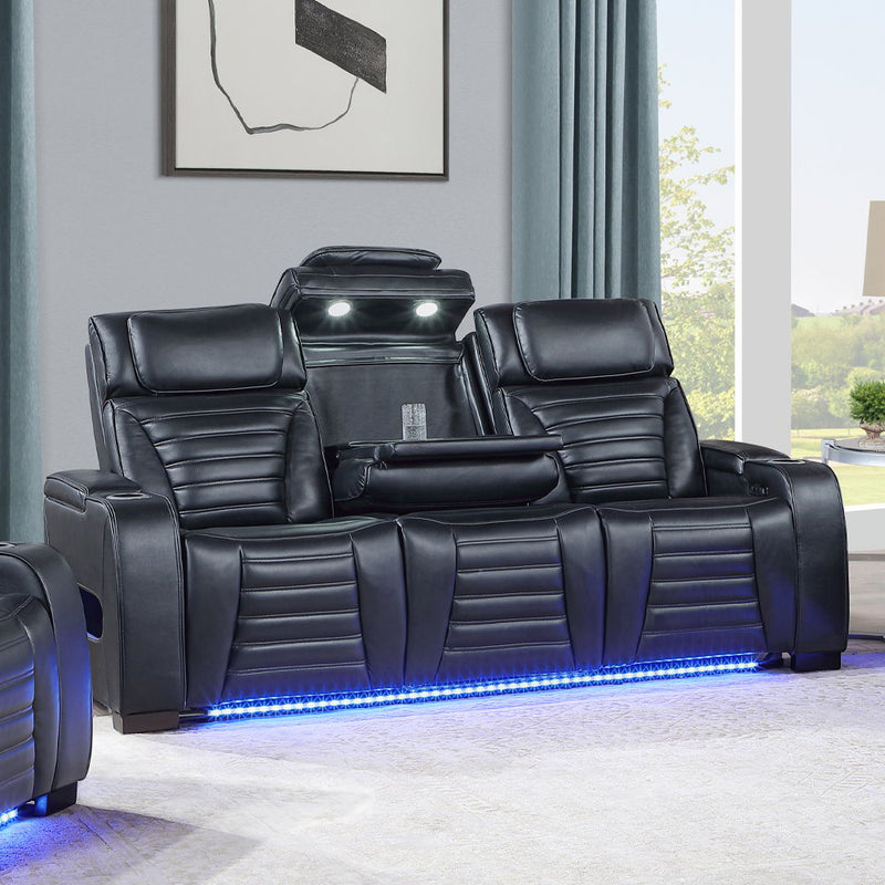 Ephron - Power Motion Sofa With Dropdown Table, Wireless Charging, Reading Light, Power Headrests & LED - Black - R&R Furniture Gallery (Fountain Valley, CA)