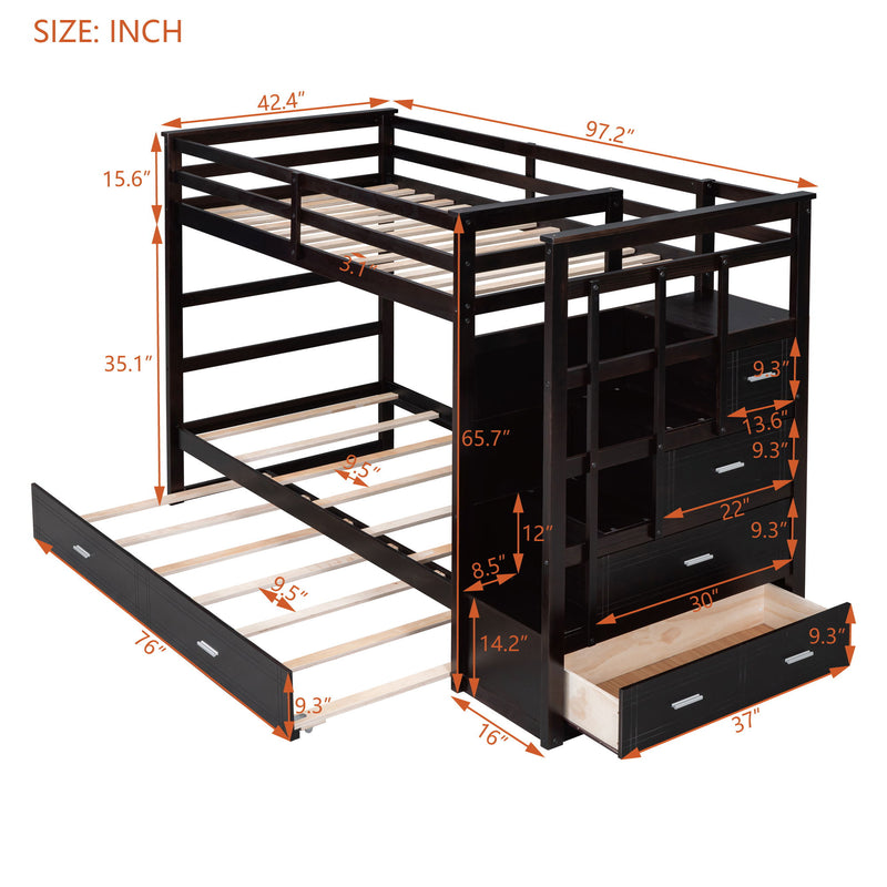 DreamHaus bunk bed with trundle and staircase, featuring a sturdy wooden frame, upper sleeping area, and a built-in pull-out bed.