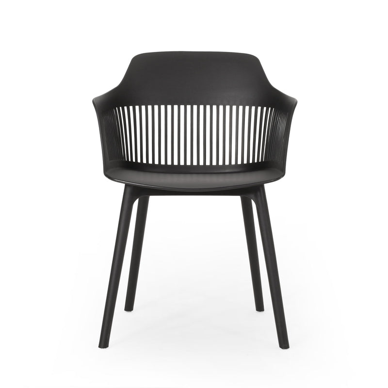 Pair of Noble House Dahlia chairs in a modern design, featuring wooden legs and upholstered seats, set against a neutral background.