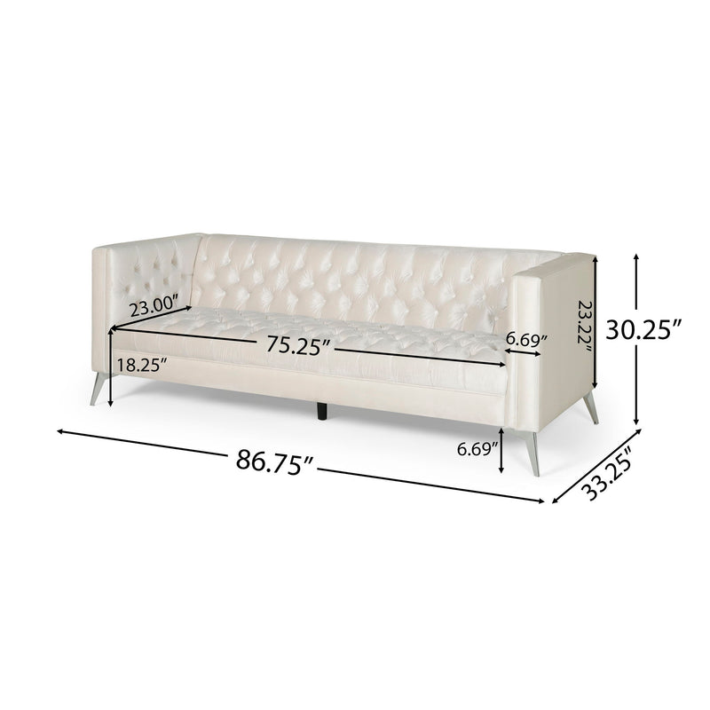 Noble House contemporary 3-seater sofa with button tufting, stationary design and plush upholstered cushions in a modern living room setting.
