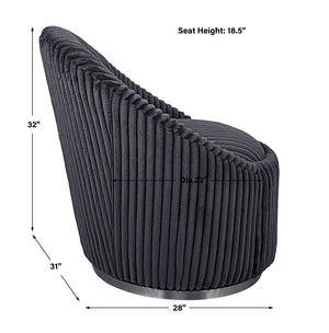 Uttermost Crue fabric swivel chair with plush cushioning and modern design, featuring a rounded back and metal swivel base.