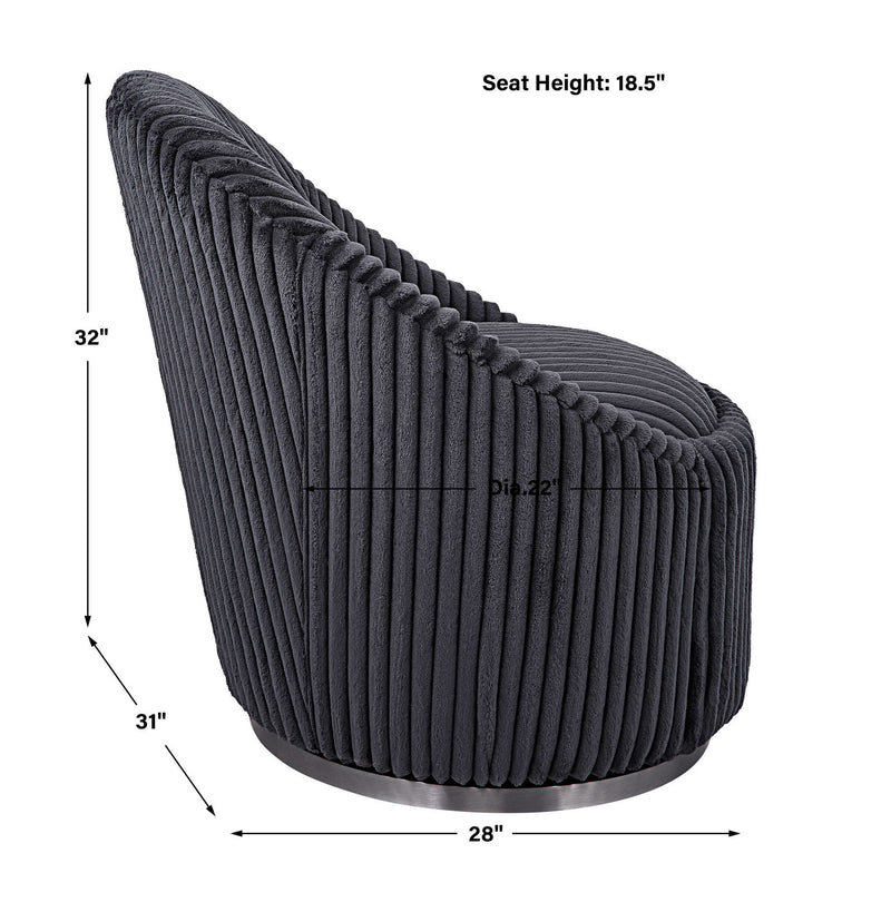 Uttermost Crue fabric swivel chair with plush cushioning and modern design, featuring a rounded back and metal swivel base.