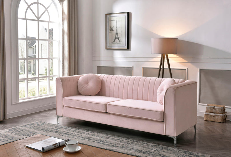 Glory Furniture Delray Micro Suede Sofa in beige with plush cushions and a modern stationary design.