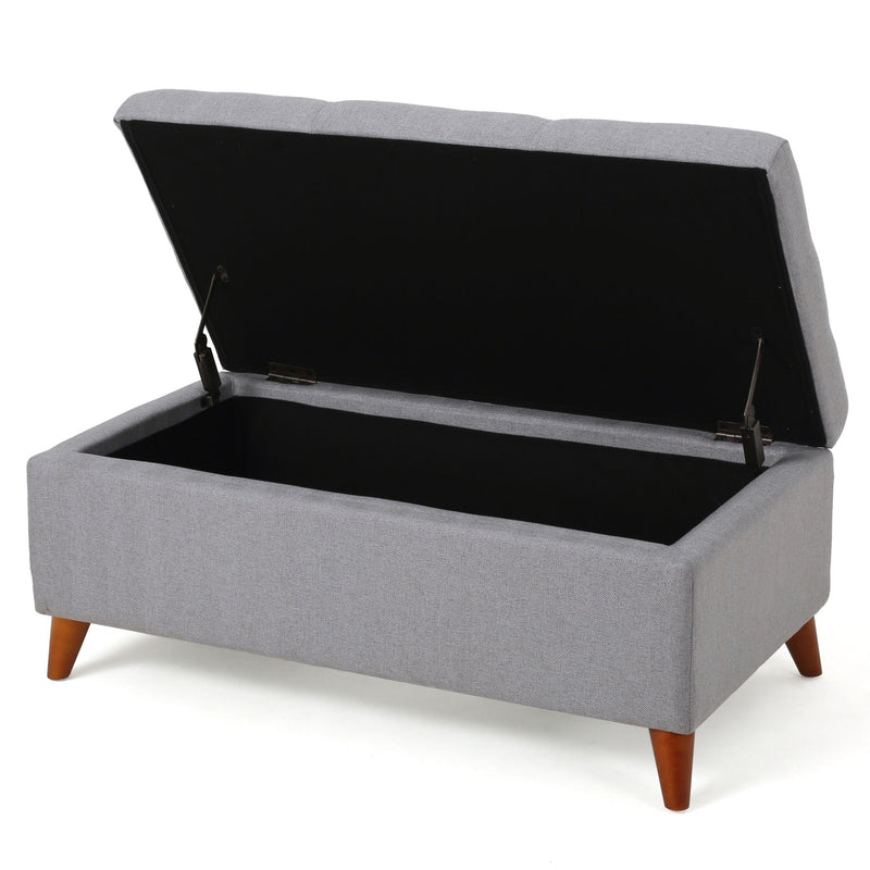Noble House Kinetics upholstered storage ottoman with lift-top, button tufted light gray fabric, versatile seating and storage solution.