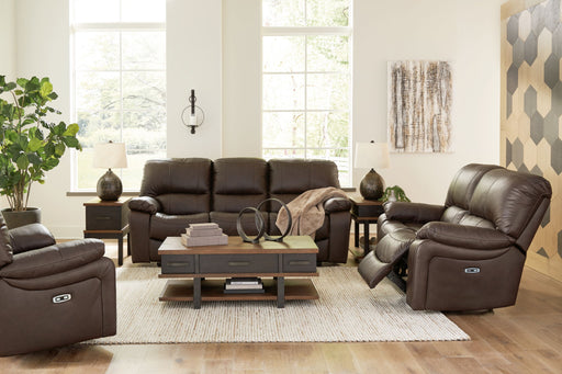 Signature Design by Ashley Leesworth reclining 3-piece living room set with sofa, loveseat, and armchair in a modern fabric upholstery.