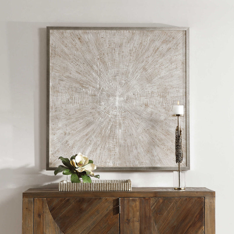 Uttermost Mesmerize abstract canvas art featuring pearl silver tones with swirling, textured design for modern interior decor.