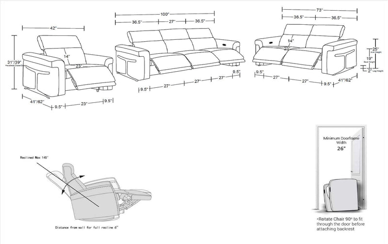 1126 - 6-Piece Modular Power Reclining Sofa, Loveseat & Chair Set In With 6 Power Recliners & Power Headrests