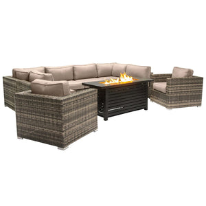 9 Piece Outdoor Sectional Set With Fire Pit Table And Cushions - Beige