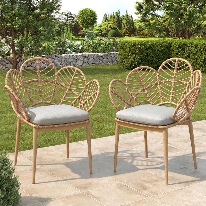 Kirk - Outdoor Wicker Peacock Shape Papasan Style Chair, Teak Finished Leg (Set of 2) - Beige / Light Brown / Light Teak - R&R Furniture Gallery (Fountain Valley, CA)