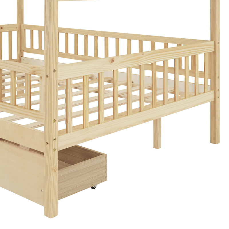 DreamHaus house bed with built-in storage drawers, perfect for kids' bedroom, featuring a cozy house-shaped design and ample storage space.