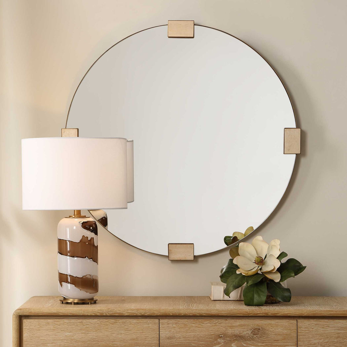 Russo - Travertine Round Mirror - Bronze / Brown / Gold