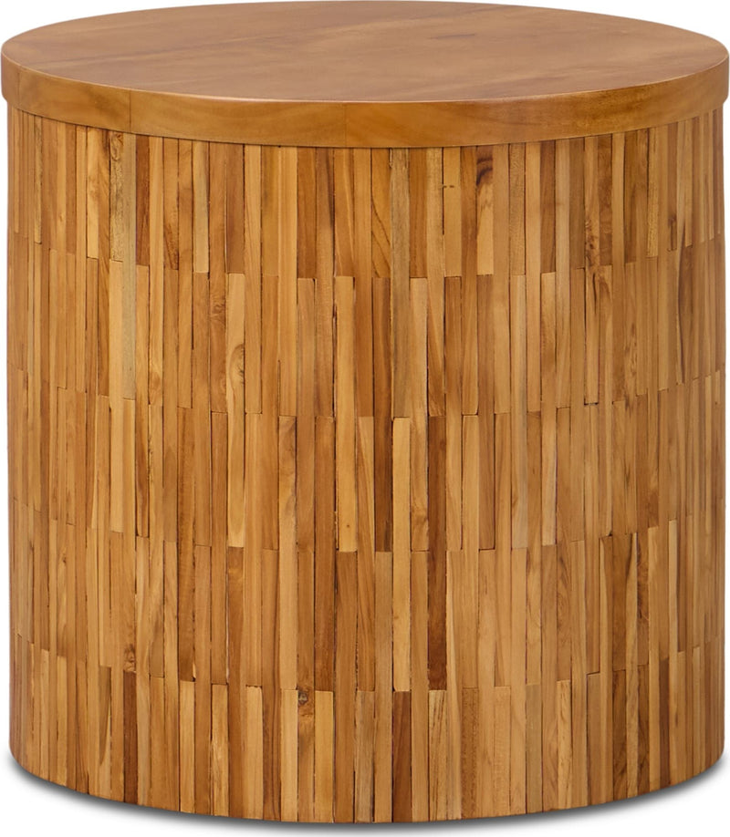One Wood Tile Round End Table in Solid Teak