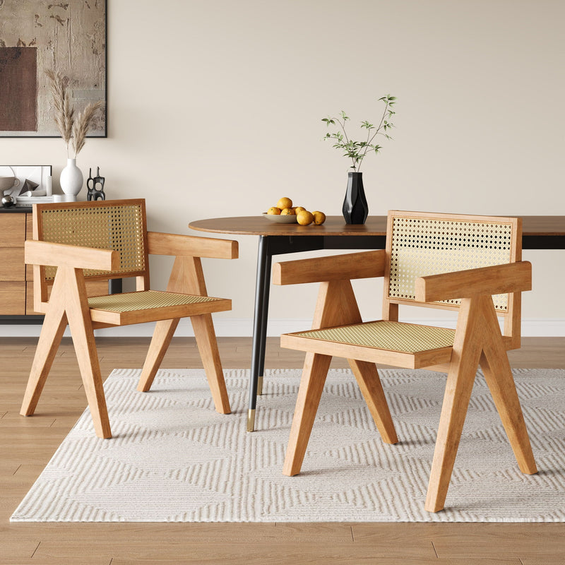 Noble House Chandigarh arm dining chair set with natural cane backs and wooden frames, modern and stylish for dining rooms.