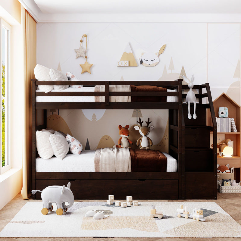 Twin Over Twin Bunk Bed With Twin Size Trundle And 3 Storage Stairs - Espresso - R&R Furniture Gallery (Fountain Valley, CA)