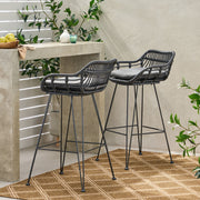 Noble House outdoor rattan bar chair with metal legs, part of a stool set, featuring woven rattan seat and sturdy metal frame.