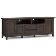 Simpli-Home Amherst wide TV media stand with open shelving and cabinet storage, ideal for modern living room setup.