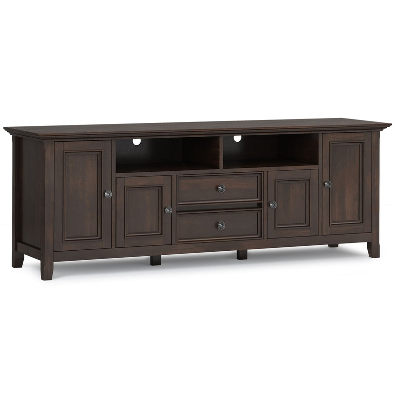 Simpli-Home Amherst wide TV media stand with open shelving and cabinet storage, ideal for modern living room setup.