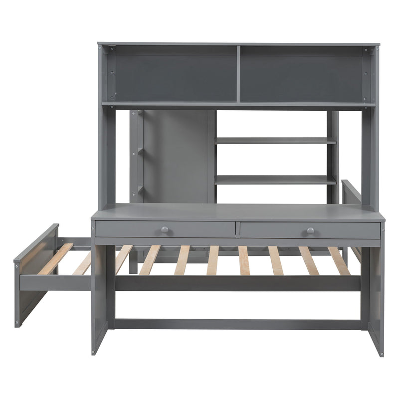DreamHaus loft bed with twin standalone bed, shelves, desk, and wardrobe, showcasing a multi-functional space-saving bedroom solution.