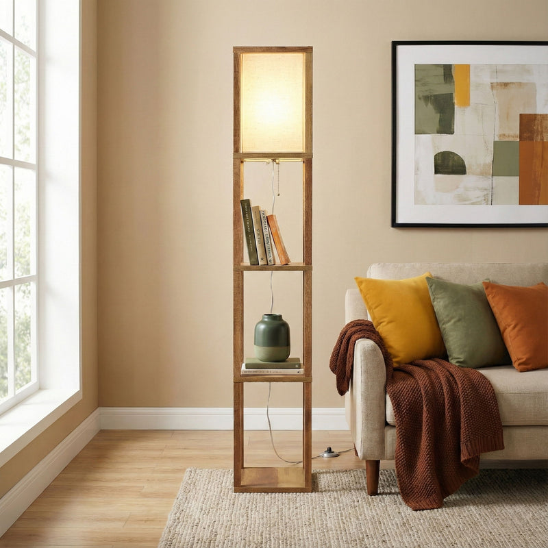 Pinnacle - Shelf Floor Lamp For Bedroom / Living Room, Long Shade - Natural Wood / White - R&R Furniture Gallery (Fountain Valley, CA)