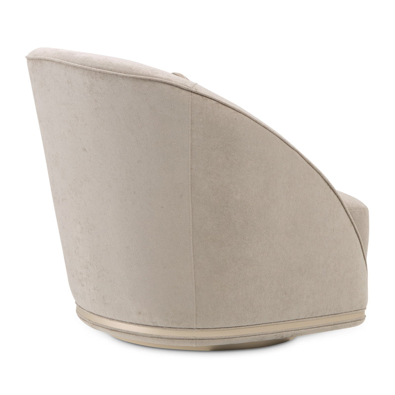 Michael Amini La Rachelle swivel chair with plush upholstery and elegant design, shown from a side angle.